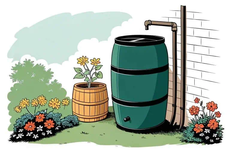 A modern plastic rain barrel next to a traditional wooden one in a garden setting