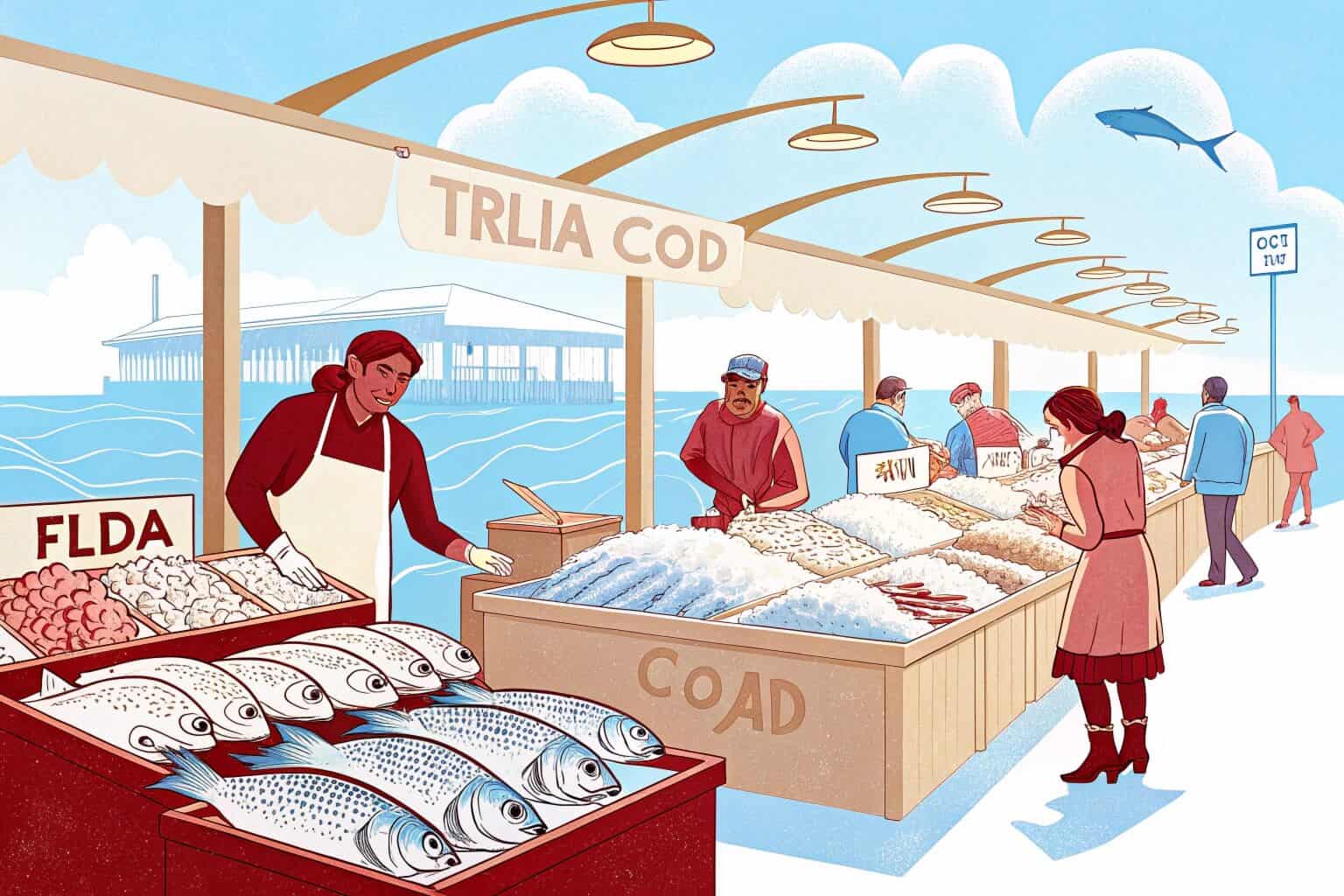 A bustling fish market with various fish on display