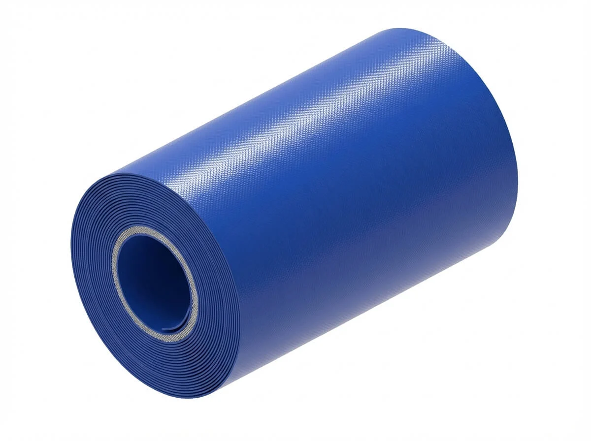 3D illustration of a rolled blue PVC fabric showing thickness and quality.