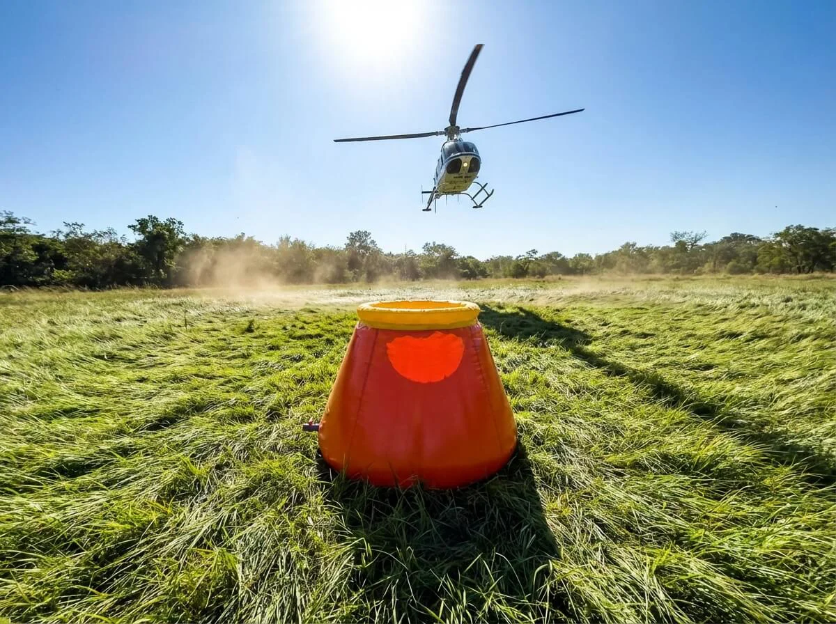 Helicopter hovering over an open-top orange water tank in a grassy field