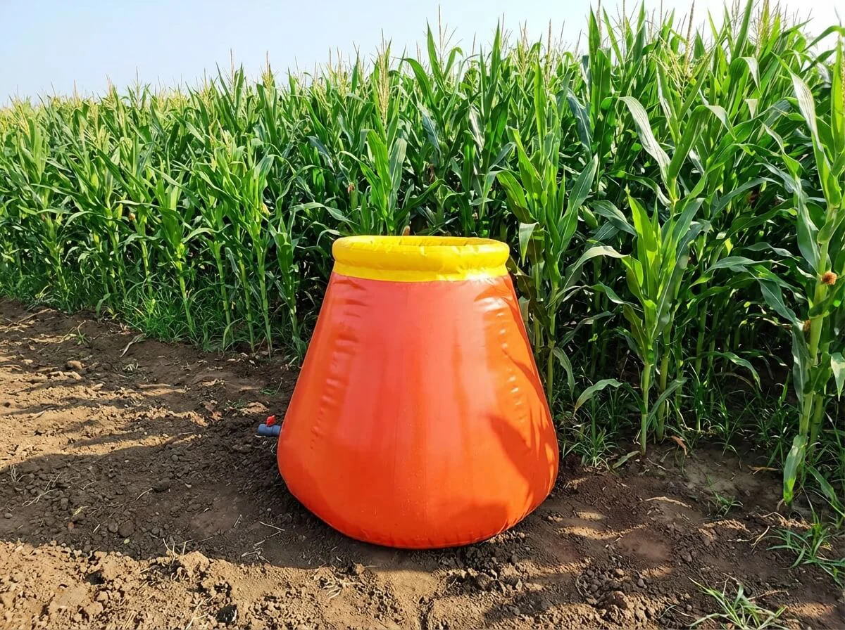 Orange onion tank sitting at the edge of a cornfield for fertilizer mixing