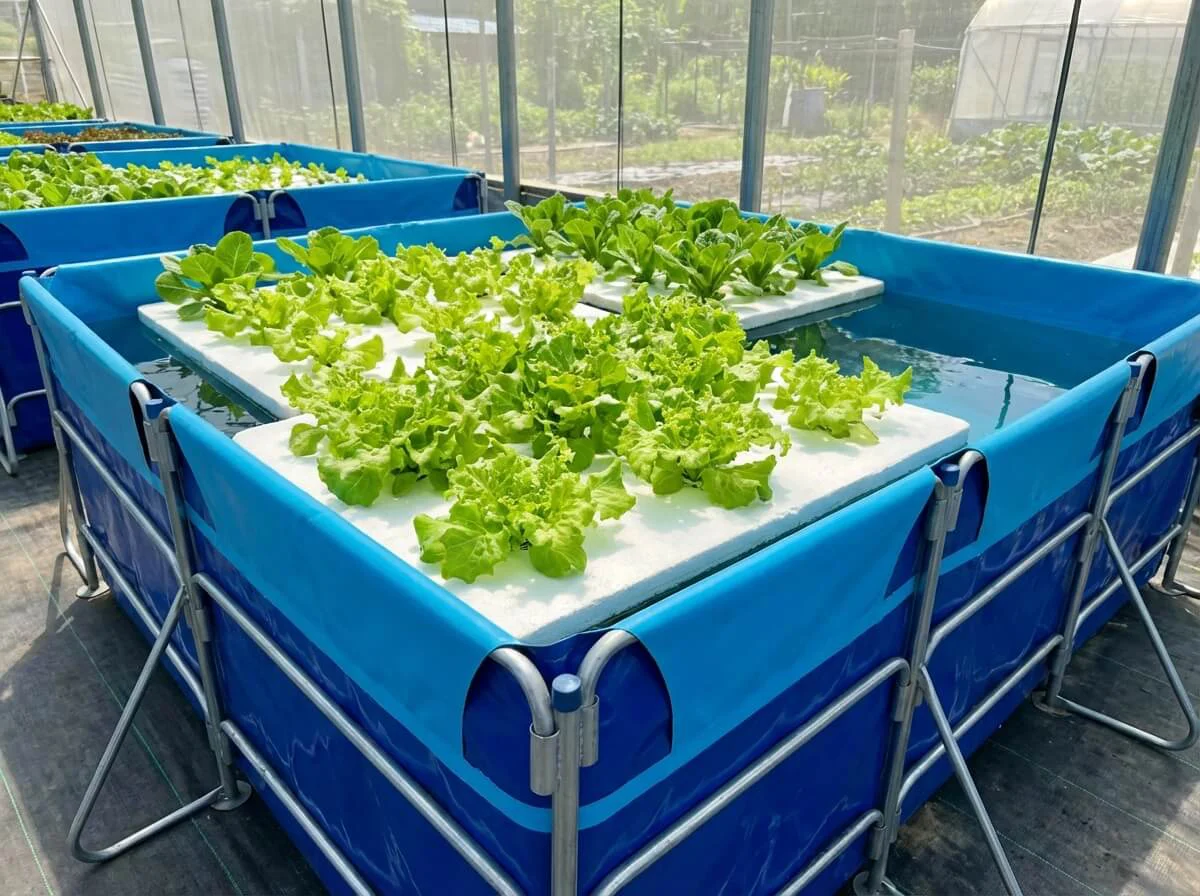 Rectangular tank used as a deep water culture grow bed with floating rafts for vegetables.