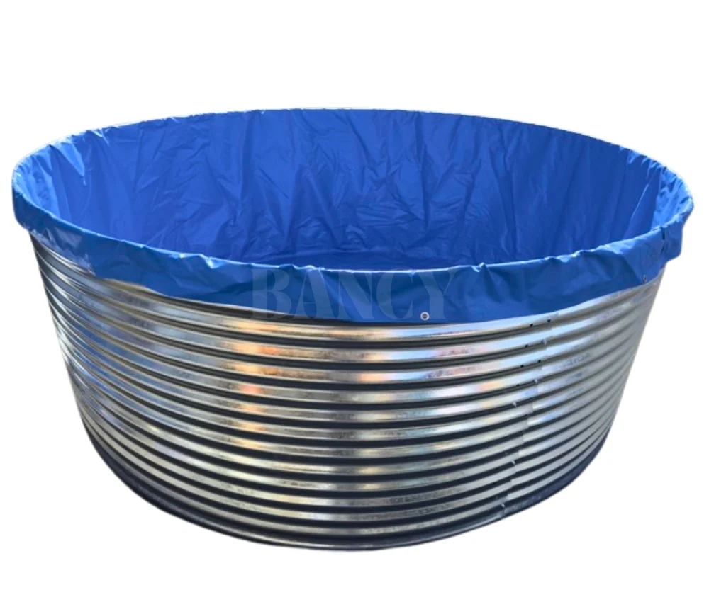 Assembled Bancy modular galvanized steel fish tank with blue PVC liner for commercial RAS farming system.