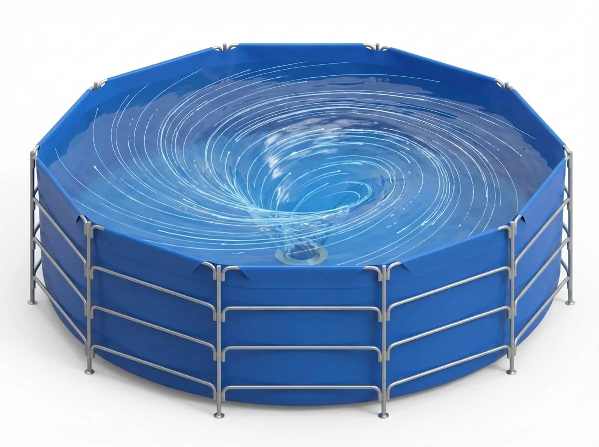 Top view of circular fish tank showing self-cleaning water vortex pushing waste to center drain.