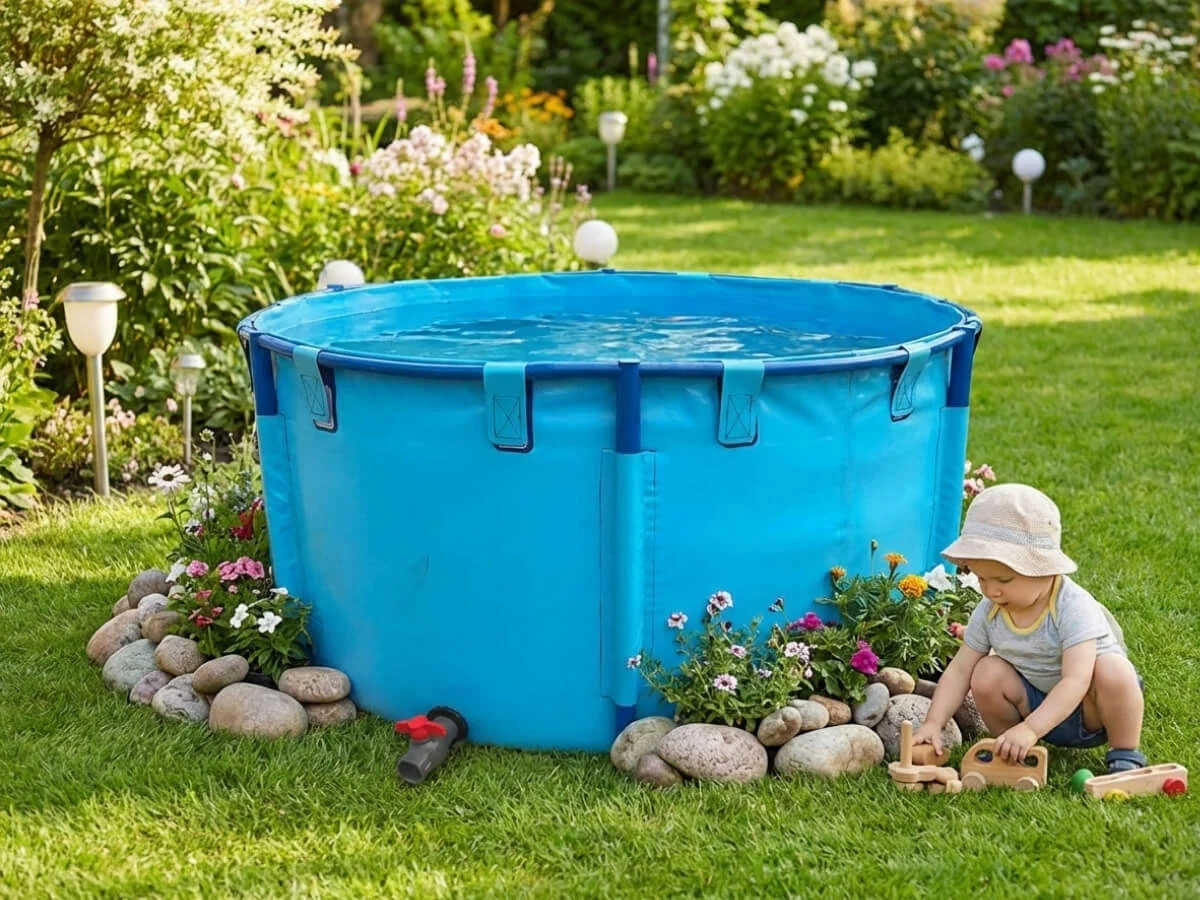 A portable fish pool in a backyard garden with a child nearby, highlighting safe round edges.