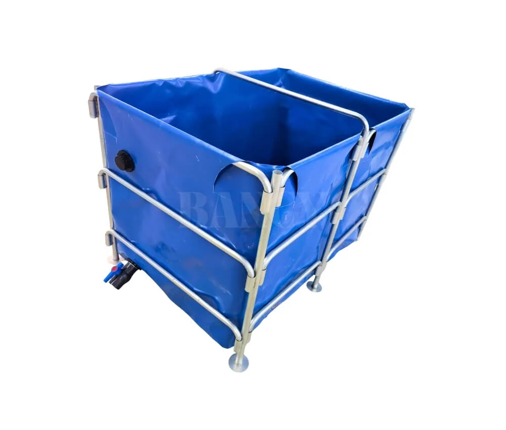 Large capacity rectangular fish holding tank for commercial aquaculture systems.