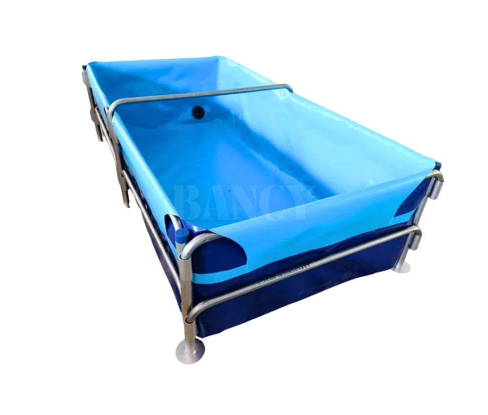 Standard rectangular blue PVC fish fry nursery tank with galvanized steel frame support.
