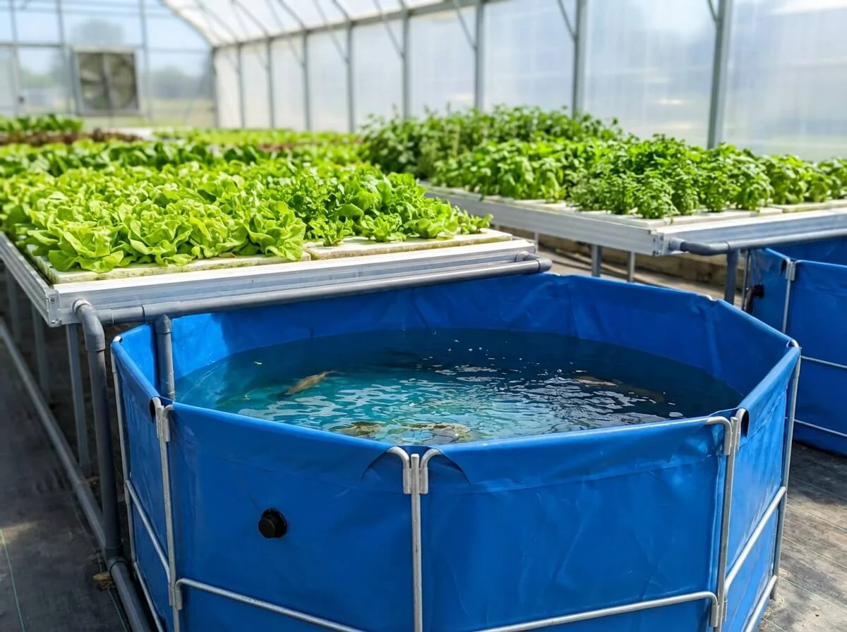 Galvanized fish tank connected to hydroponic vegetable rafts in a commercial aquaponics greenhouse.