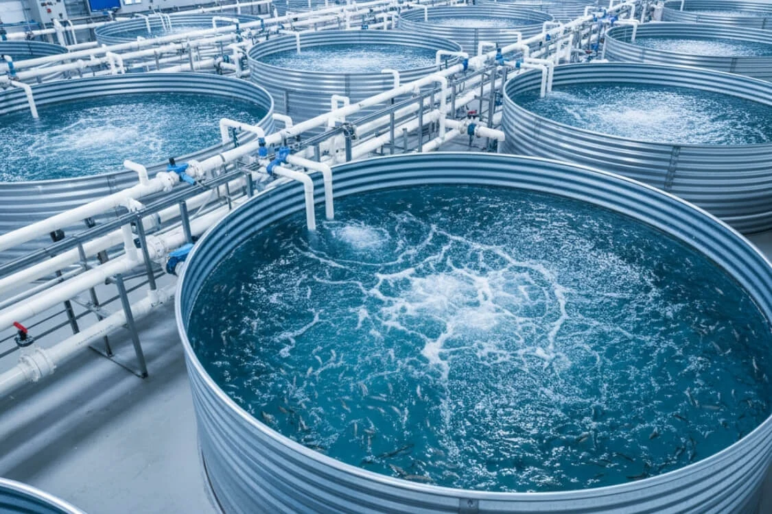 Interior view of a commercial aquaculture facility featuring multiple circular galvanized sheet fish tanks with RAS filtration piping and aerated water.