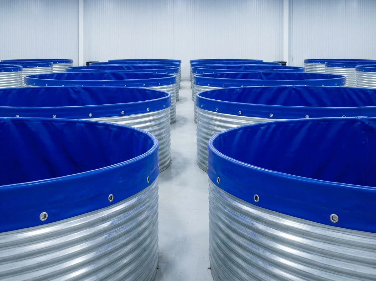 Rows of large galvanized aquaculture tanks in an indoor commercial RAS plant.