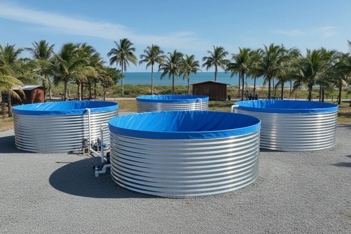 Large scale commercial shrimp farming project in Southeast Asia using Bancy modular galvanized aquaculture tanks.