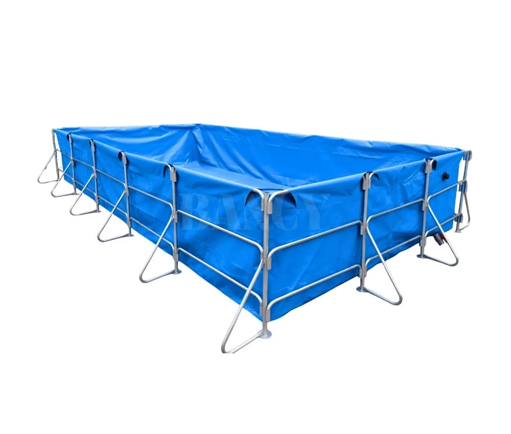 Large rectangular blue PVC fish tank featuring external galvanized steel support legs for stability.