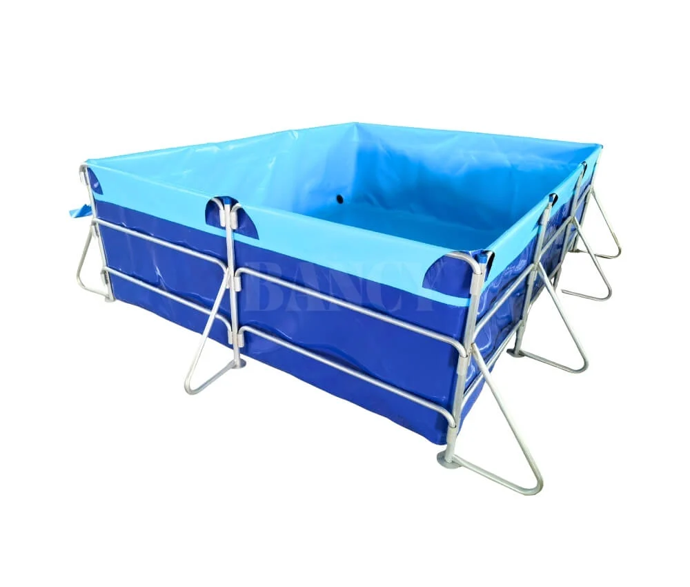 Square aquaculture tank with two-tone blue PVC liner and robust metal frame structure.
