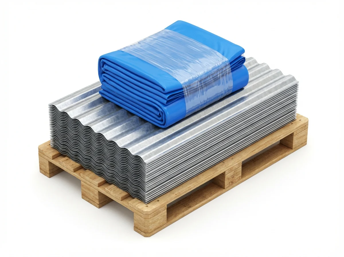 Folded tank components on a pallet for space-saving shipping.