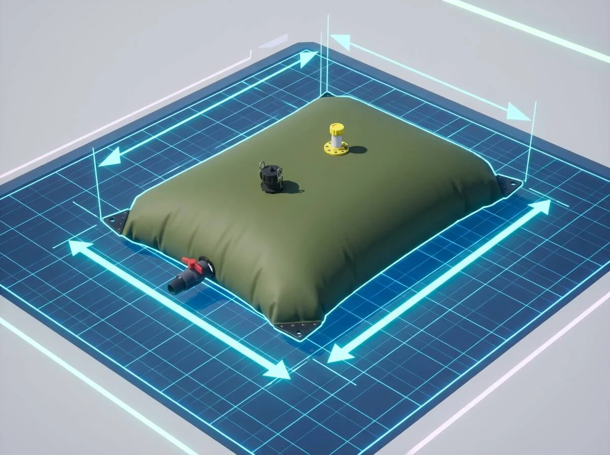 Green pillow tank placed on a digital measurement grid indicating customizable length and width.