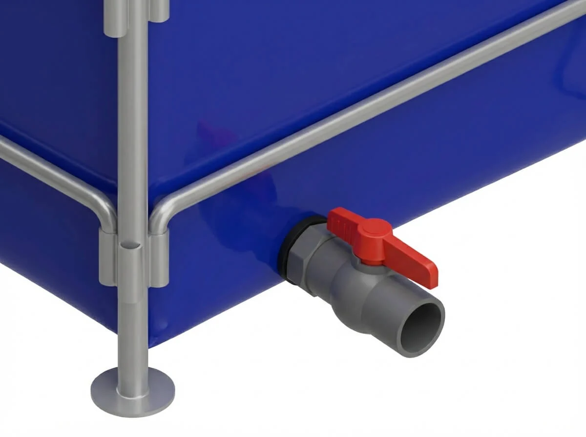 3D illustration of a large industrial valve connection on a blue tank.