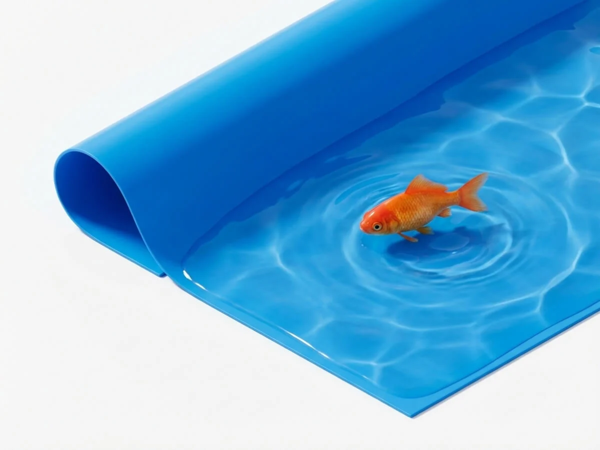 Roll of non-toxic blue PVC tarpaulin material safe for aquaculture and hydroponics.