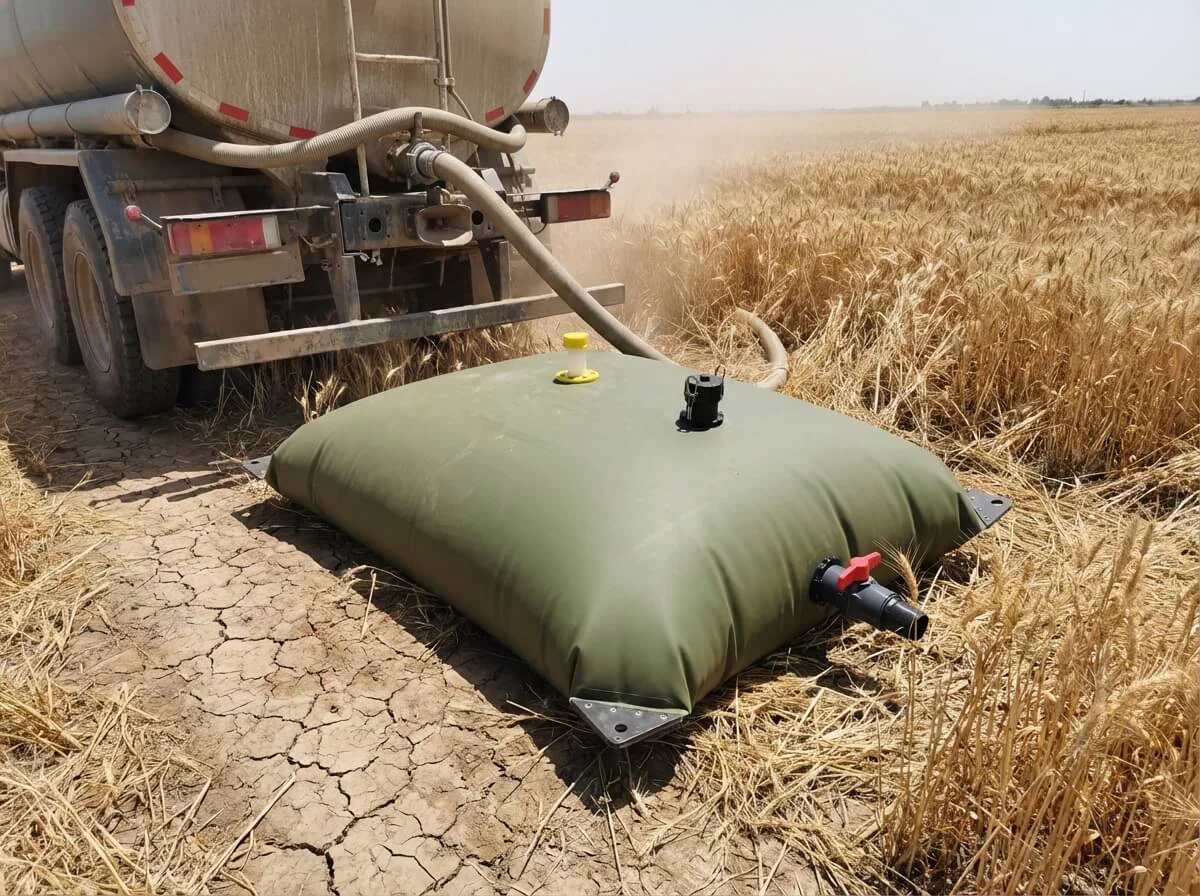 Green water bladder deployed in a dry wheat field for emergency water storage.
