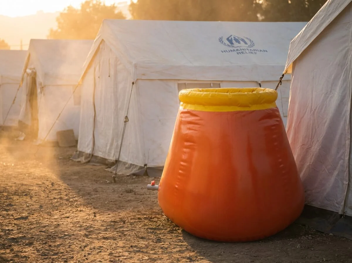 Onion tank stored in a refugee camp setting with white humanitarian tents