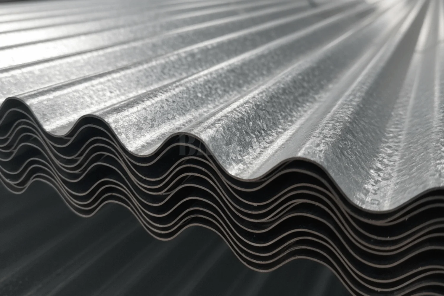 Stack of hot-dip galvanized corrugated steel sheets showing wave profile.