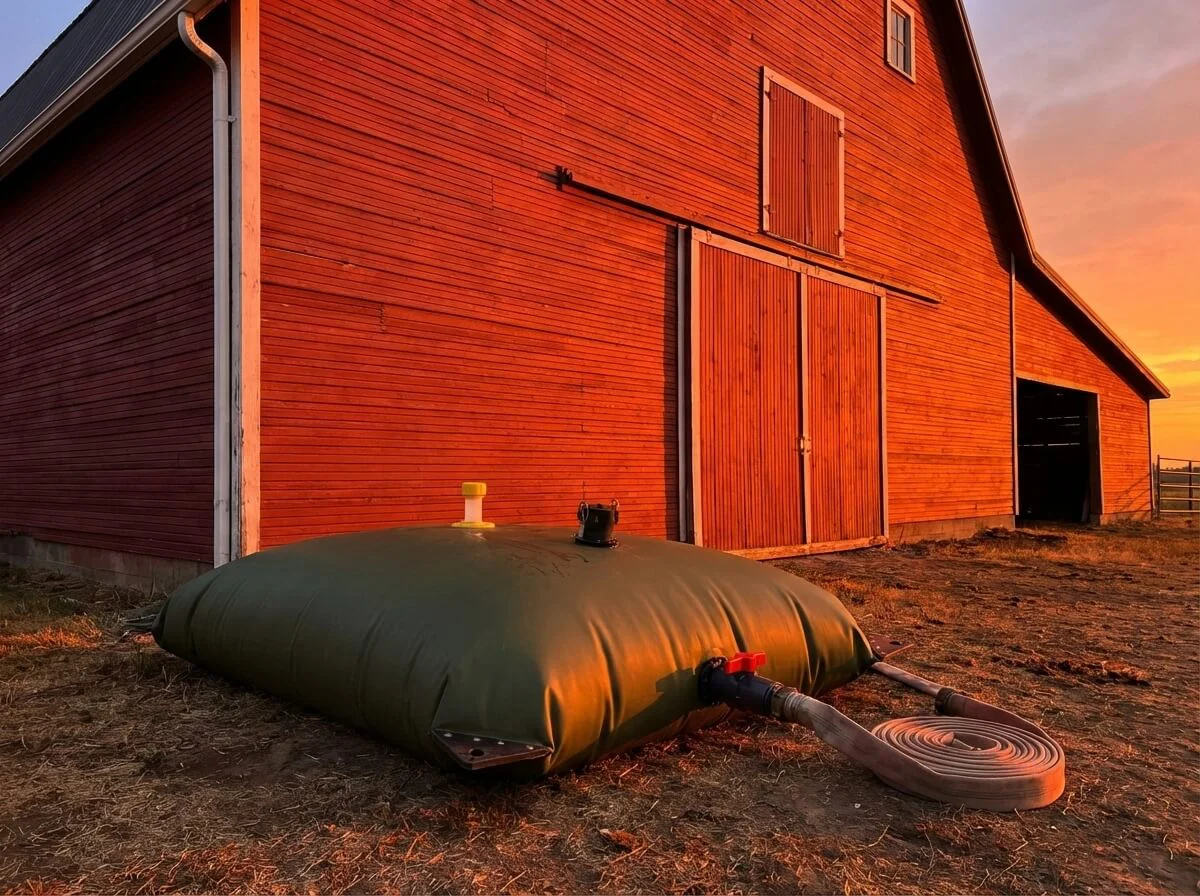 Static water reserve bladder placed near a red barn for fire emergency.