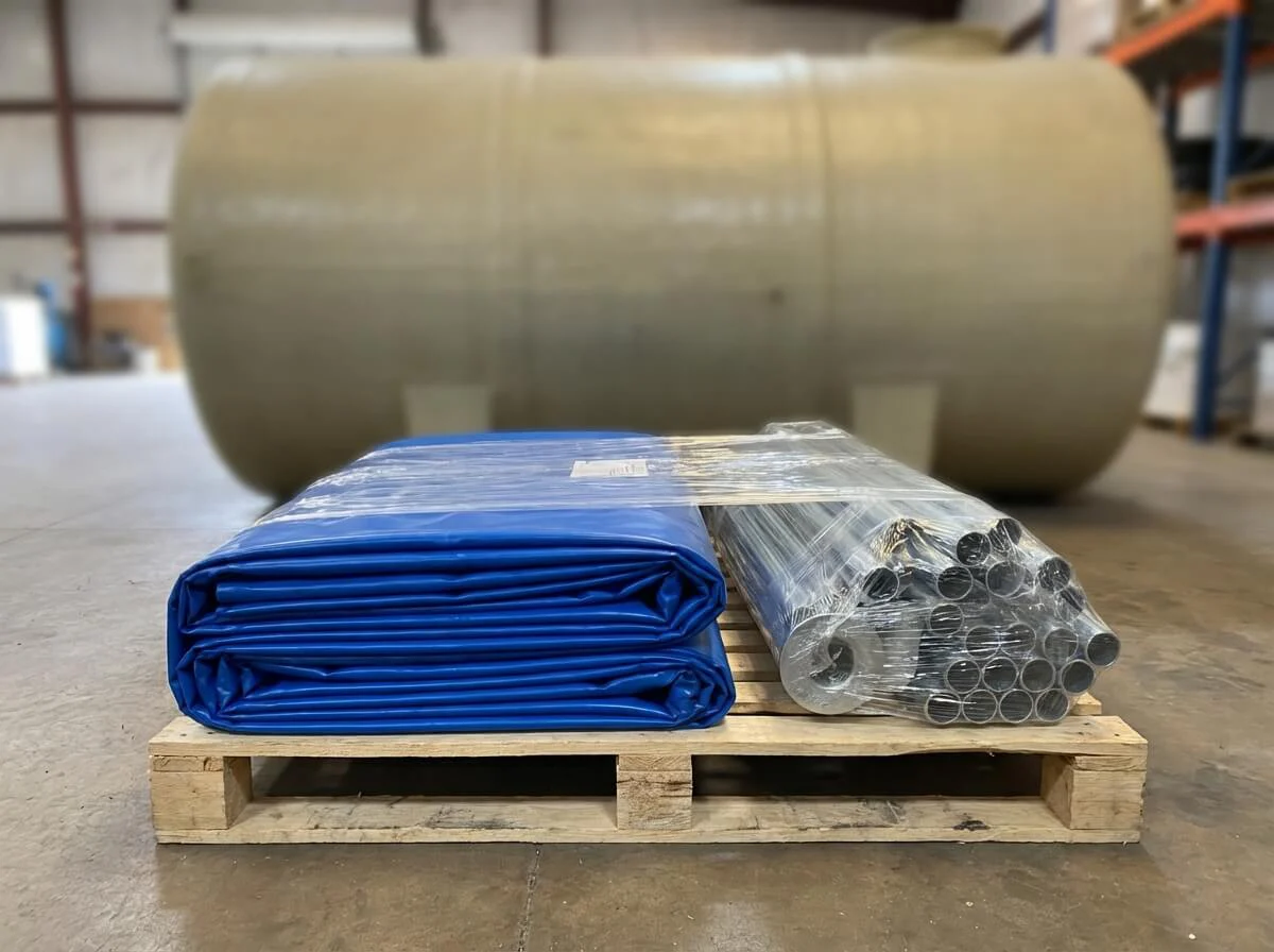 Compact folded PVC tank on a shipping pallet compared to bulky rigid fiberglass tanks.