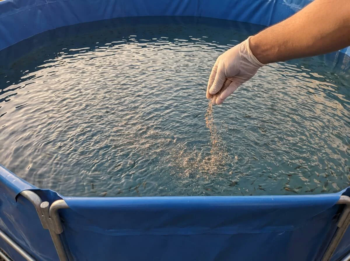 Close-up of feeding fish fry in a shallow aquaculture nursery tank.