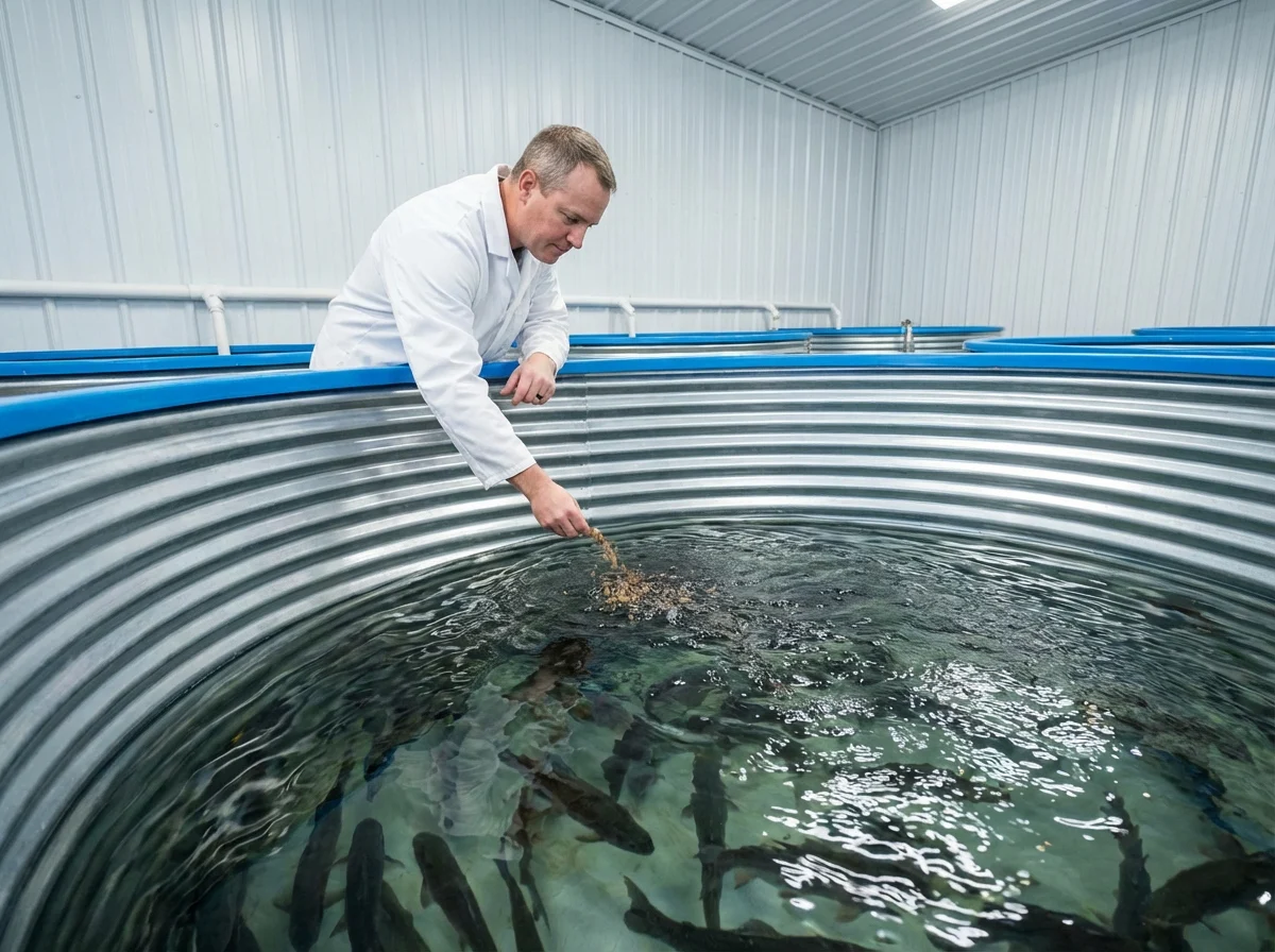 Technician feeding fish fry in a clean galvanized nursery tank.