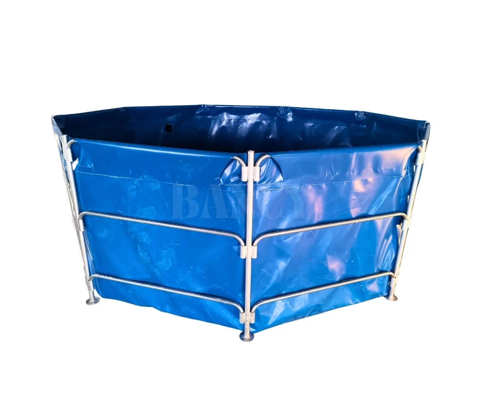 Small galvanized frame fish tank for fry nursery or hatchery applications.