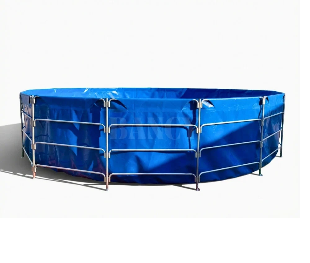 Assembled galvanized circular fish tank with blue PVC liner for biofloc farming.