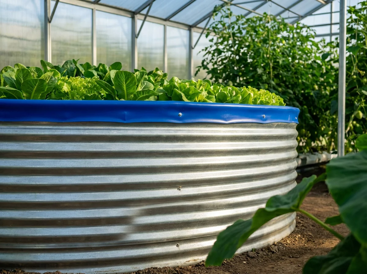 Galvanized fish tank integrated with vegetable beds in a greenhouse.