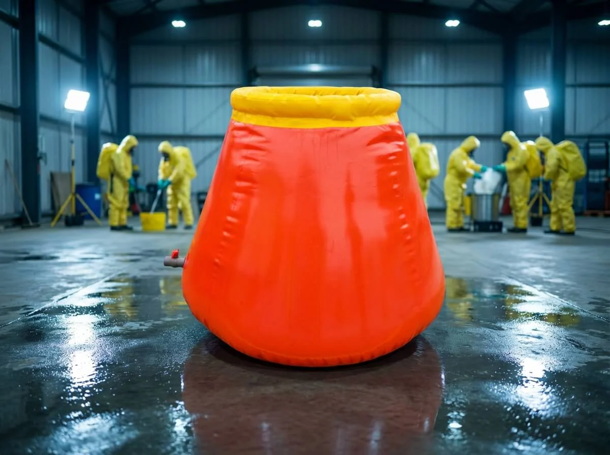 Hazmat team utilizing orange onion tank as a catch basin on wet concrete floor
