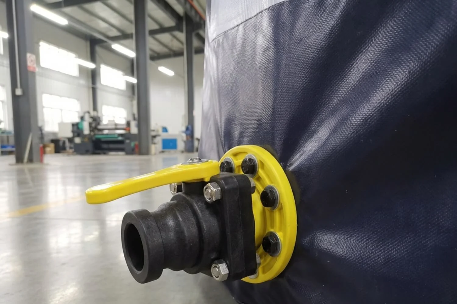 Low angle view of 3-inch aluminum alloy flange and ball valve bolted to orange PVC tank