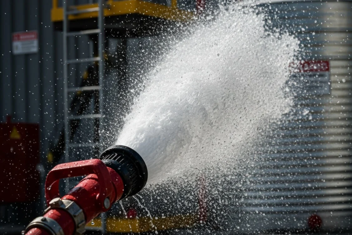 High-pressure water jet spraying from a red fire hose nozzle, symbolizing emergency readiness.
