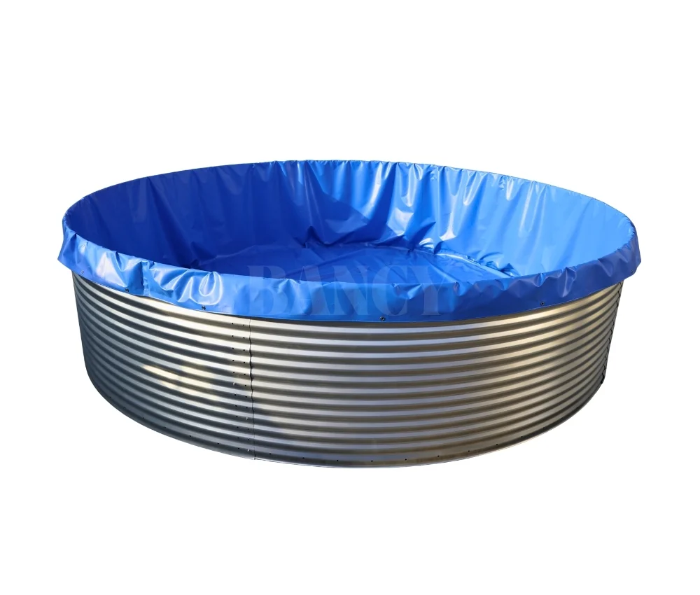 Industrial galvanized aquaculture tank with blue PVC liner for indoor RAS farming.