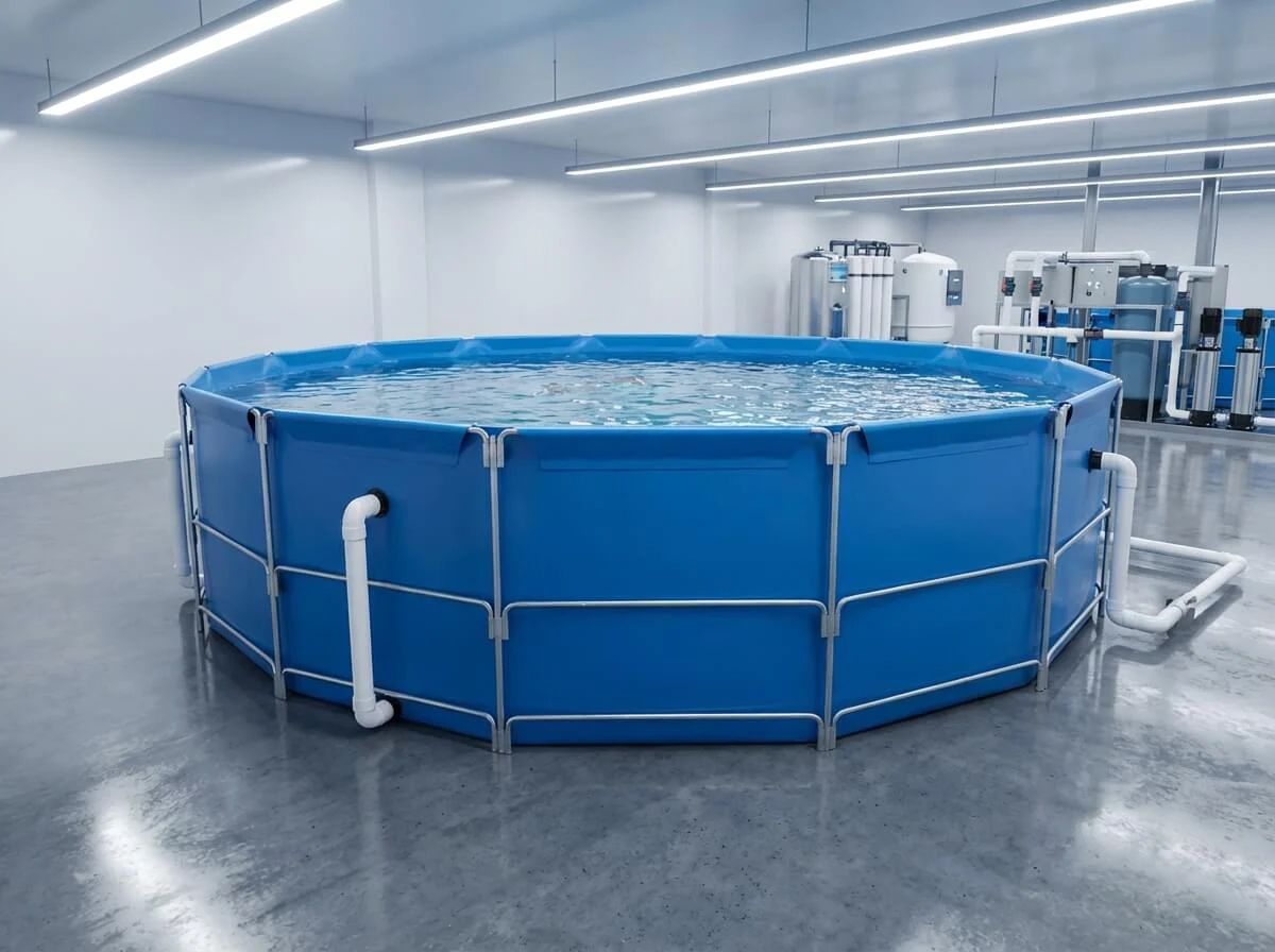 Indoor Recirculating Aquaculture System (RAS) factory with blue circular tanks and white plumbing.