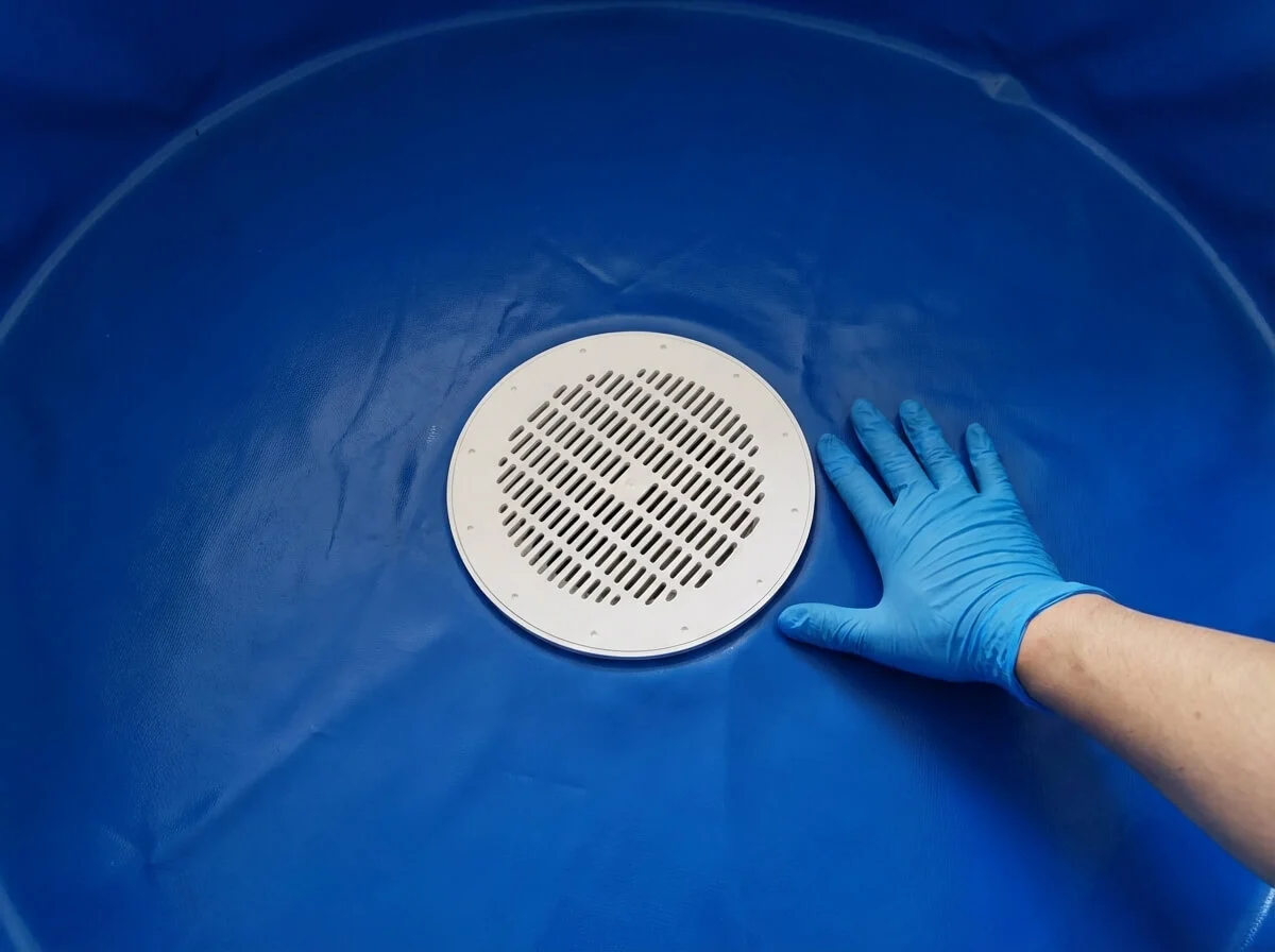 Large 160mm PVC bottom drain strainer embedded in blue fish tank liner with hand for scale.