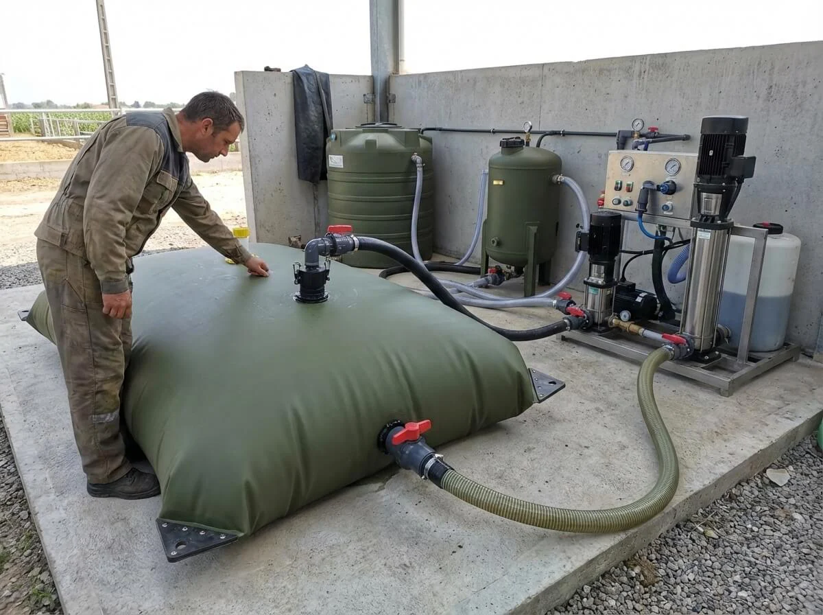 Farmer inspecting a corrosion-resistant PVC tank used for mixing liquid fertilizers.