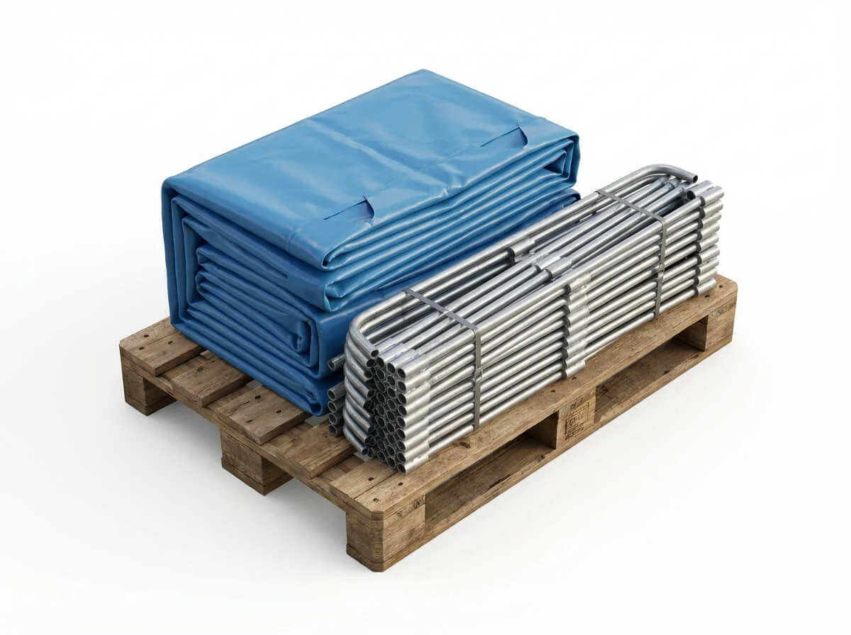 Folded PVC liner and stacked galvanized pipes on a pallet ready for shipping.