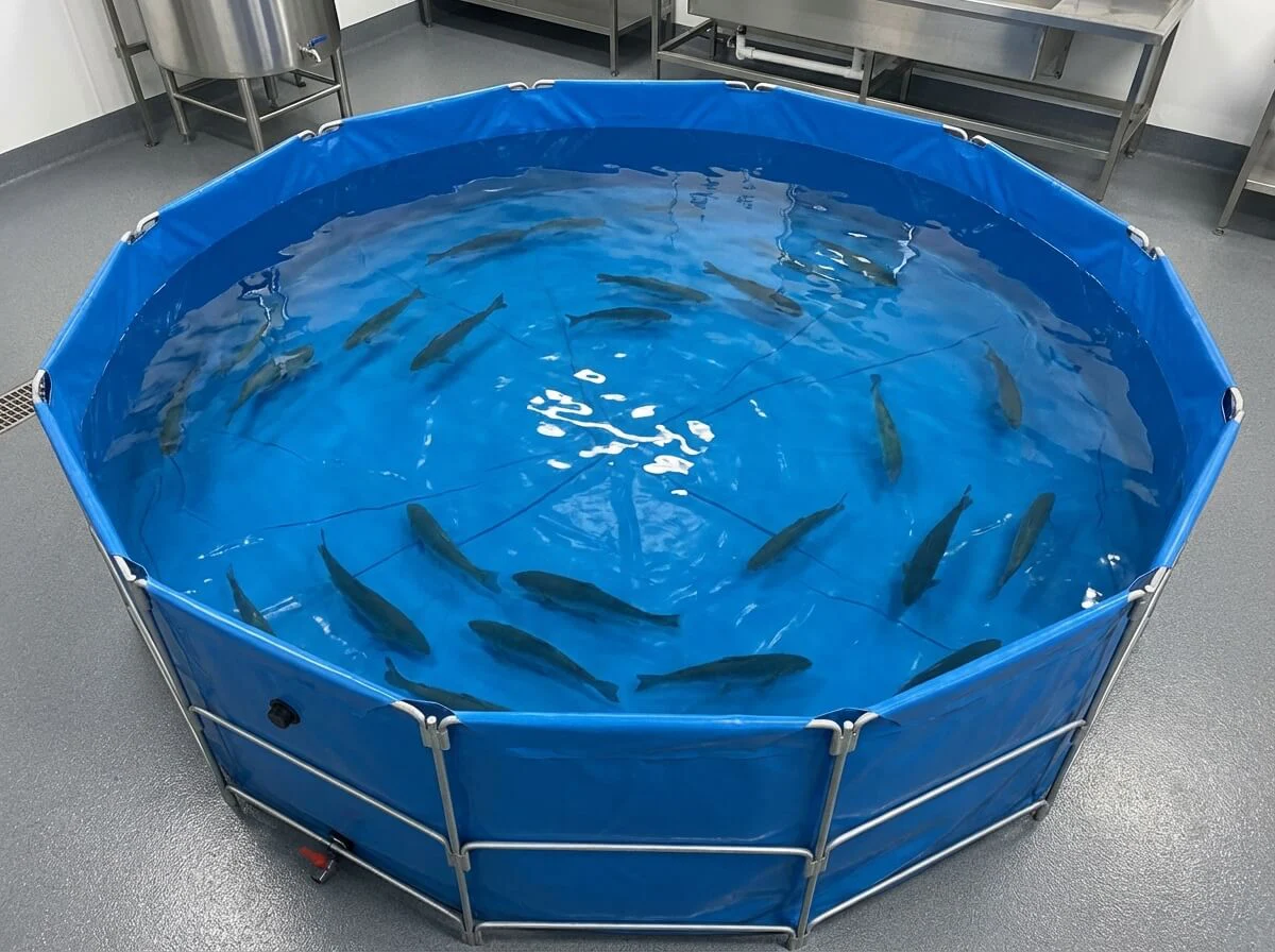 Clean water purging tank with visible fish for market preparation.