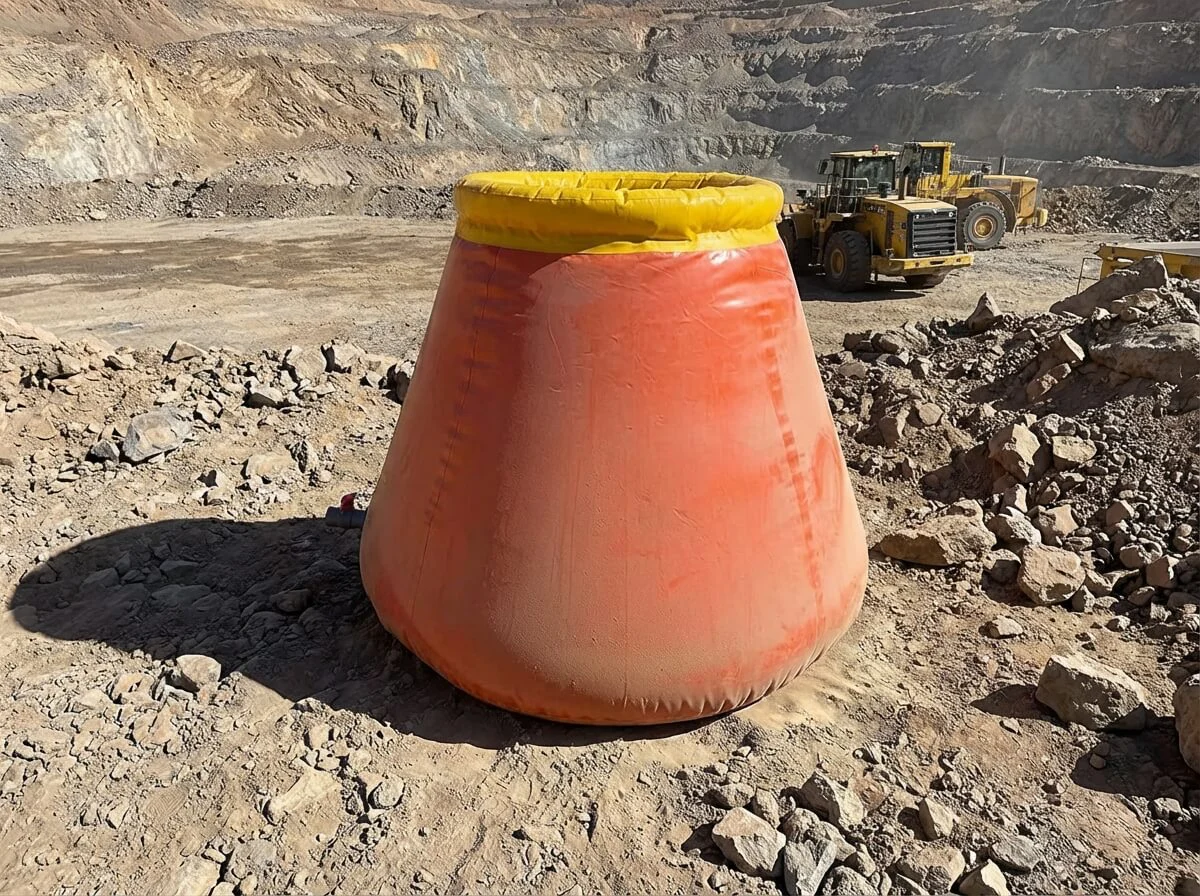 Rugged onion tank placed in a rocky mine quarry for dust control water supply