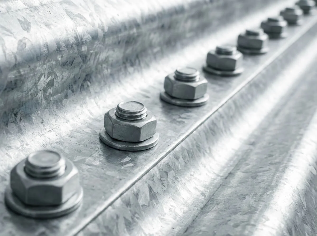 Close-up of bolts connecting corrugated sheets for modular assembly.