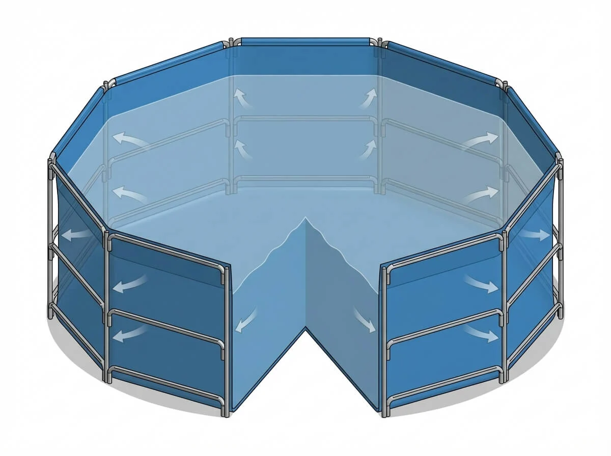 3D cutaway view showing galvanized side support frame and liner resting directly on the floor.
