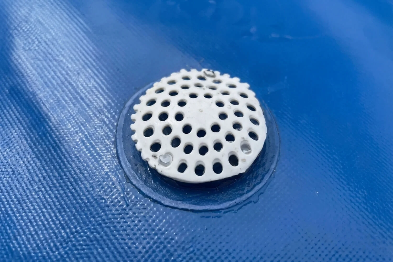 External drainage valve on blue PVC tank equipped with fine mesh screen to prevent fry escape during water changes.
