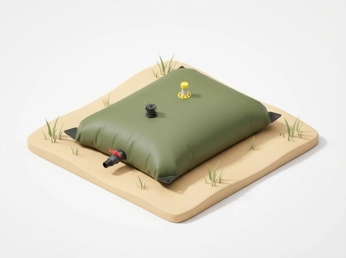 3D isometric illustration of a green pillow tank unrolling on a sand bed for easy setup.