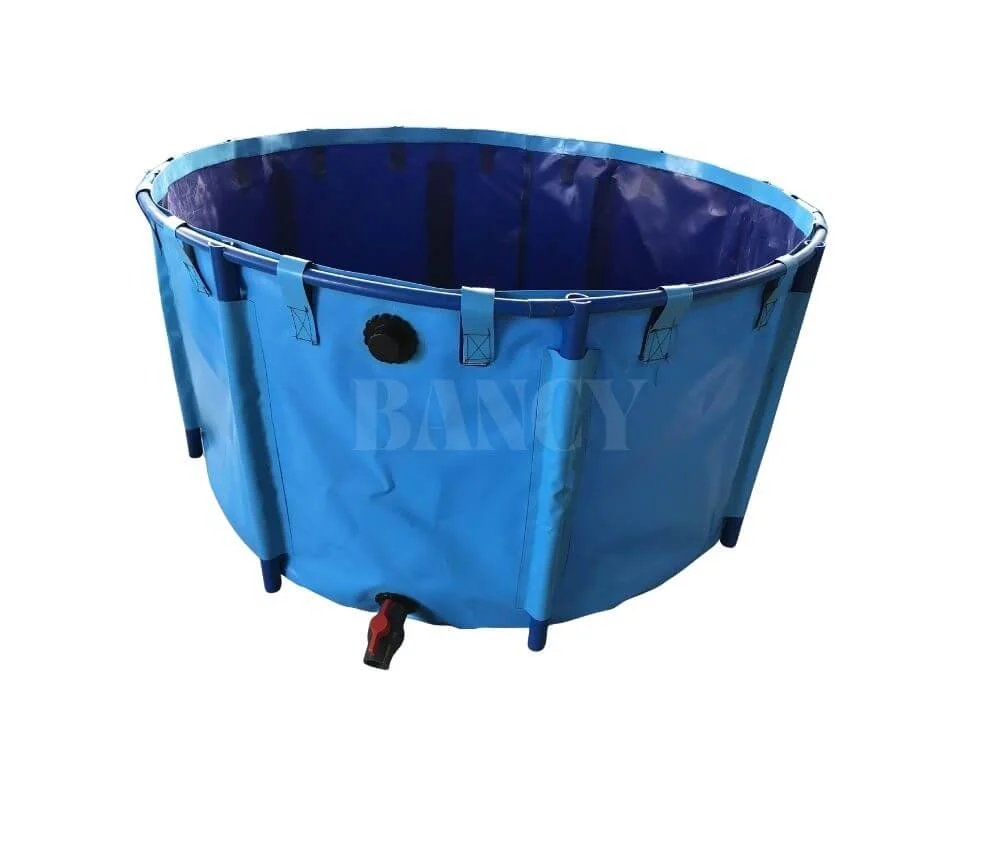 Portable round PVC fish tank with blue liner and white rust-proof plastic frame for koi and aquaculture.