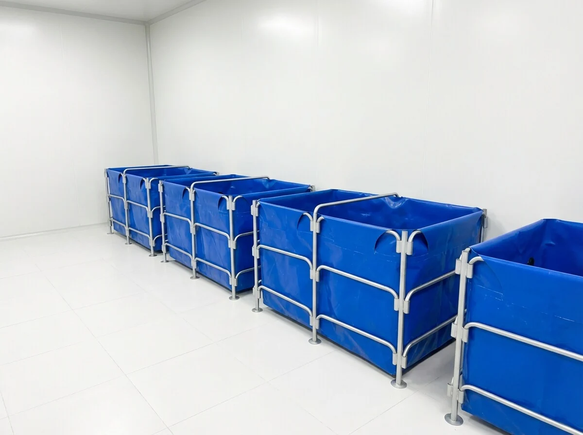 A clean row of isolated blue tanks used for fish quarantine and biosecurity protocols.