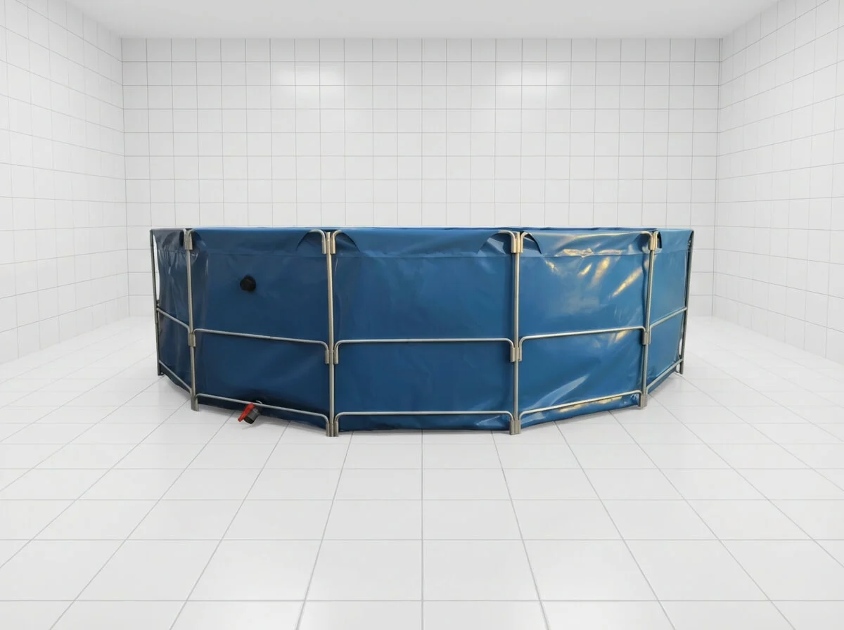 Single blue fish tank in a sterile white room for medical isolation and quarantine.