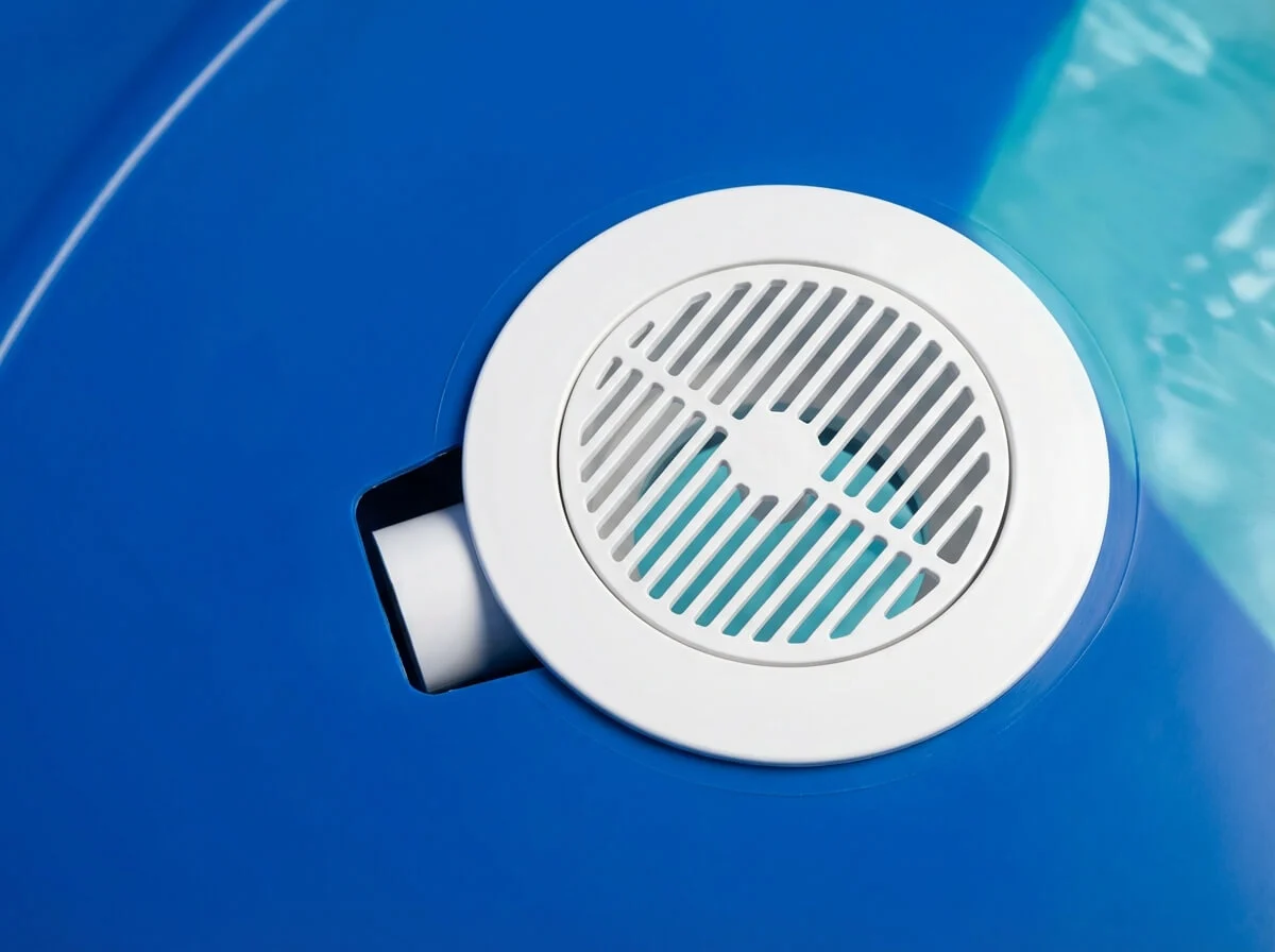 White bottom drain installed in blue tank floor for RAS systems.