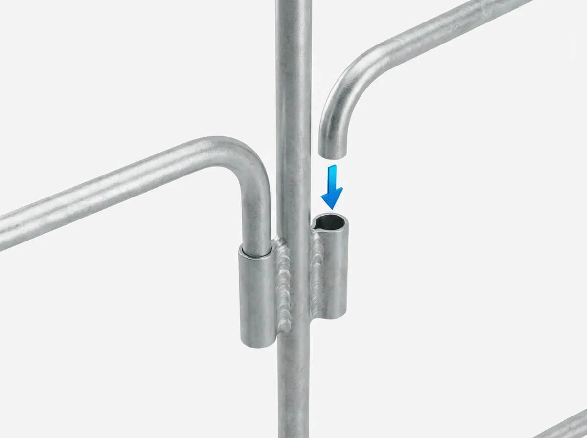 3D exploded view showing tool-free plug-in assembly of the galvanized fish tank frame.